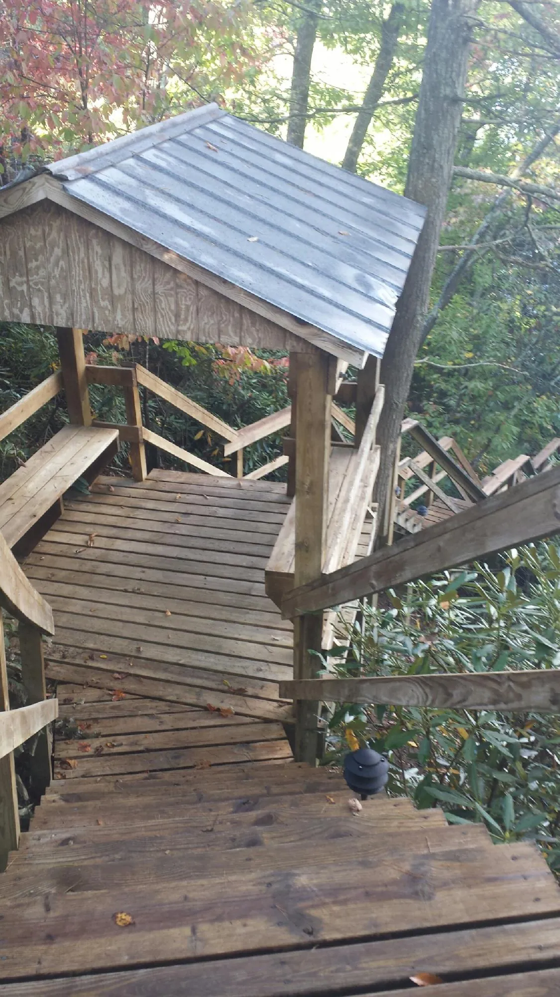 Metal roofed shelter over wooden steps on a wooded walkway — Skylight Repair & Installation work by our crew in Stittville